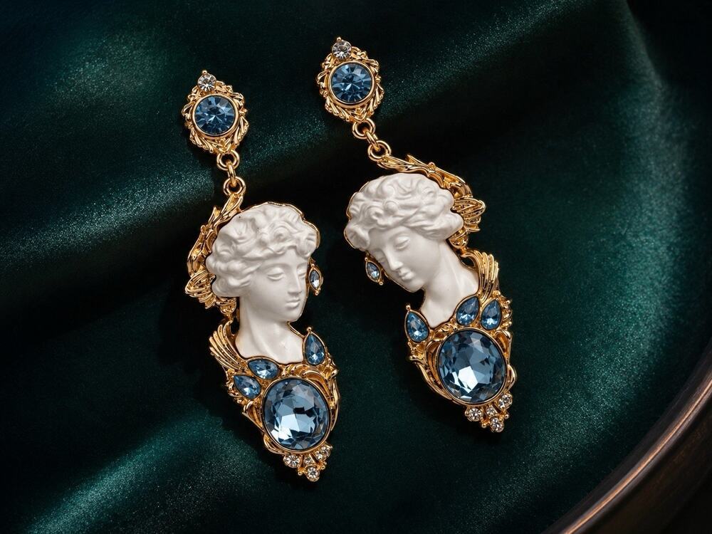 Greek Statue Earrings Roman Museum Goddess Art Deco Baroque Crystal Antique Stud